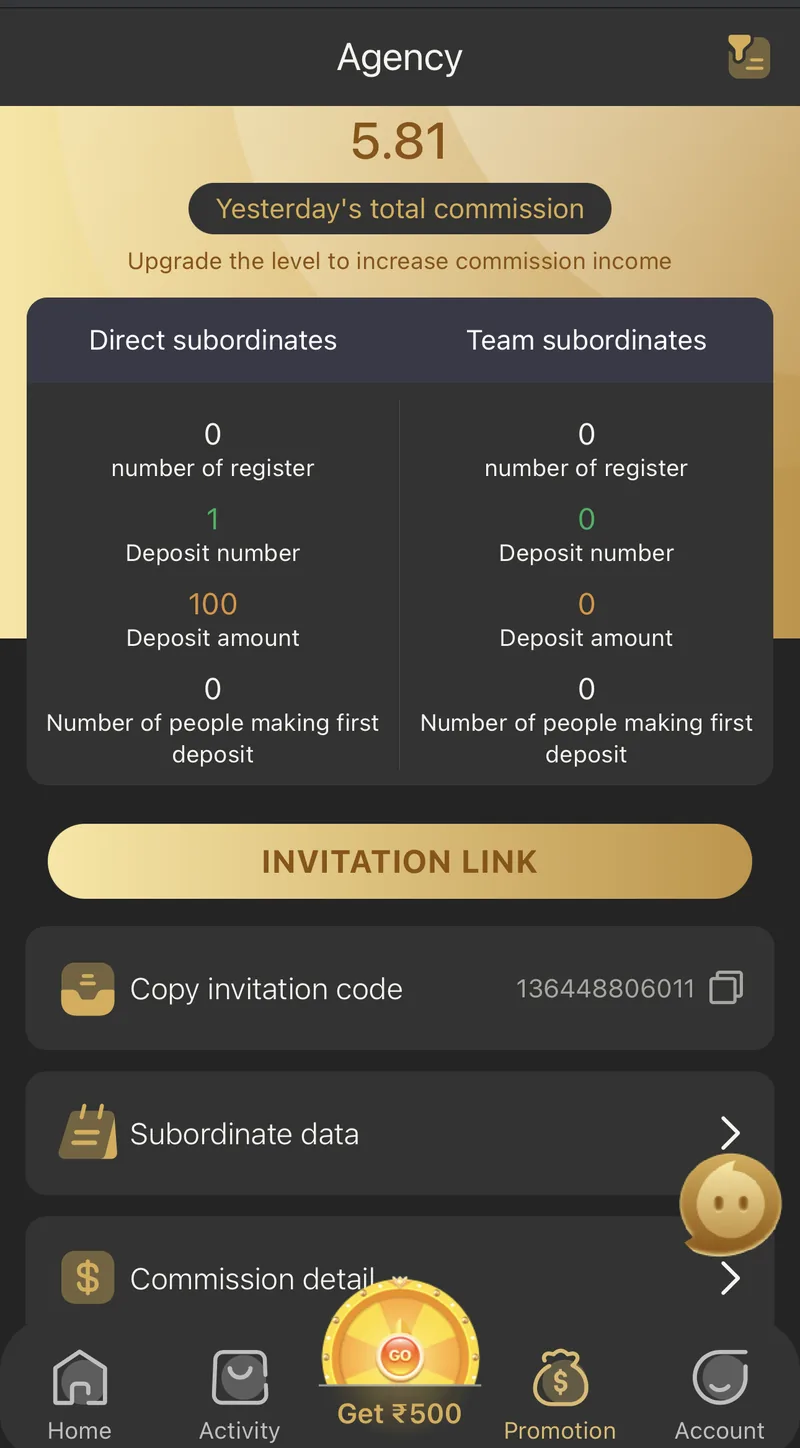 6 Club agent Agency dashboard showing direct and team subordinate counts and commission total