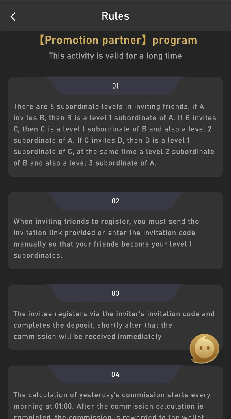 6 Club promotion partner program rules explaining subordinate levels for invited players