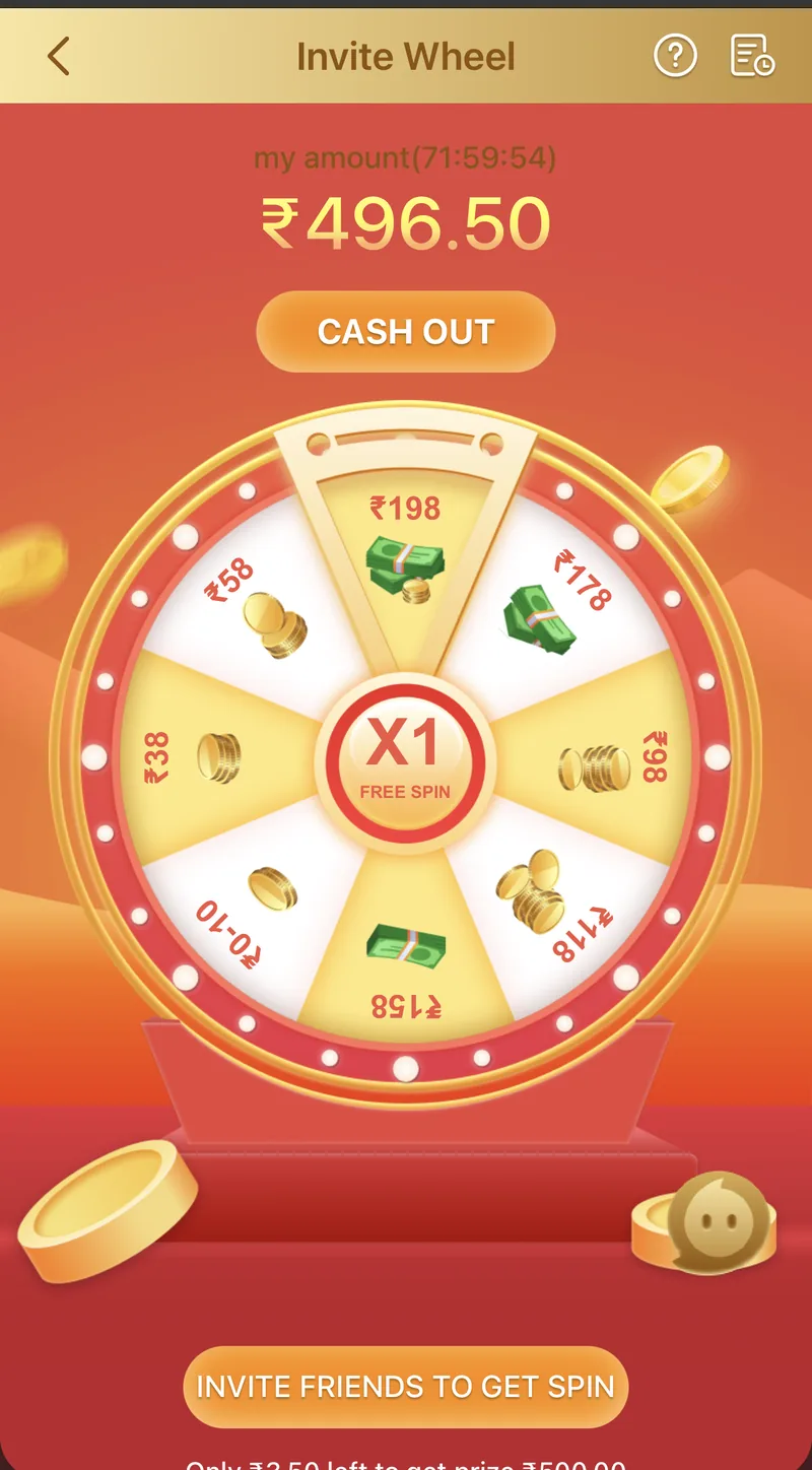 6 Club Invite Wheel showing spin-based bonus amounts added to a referrer's balance