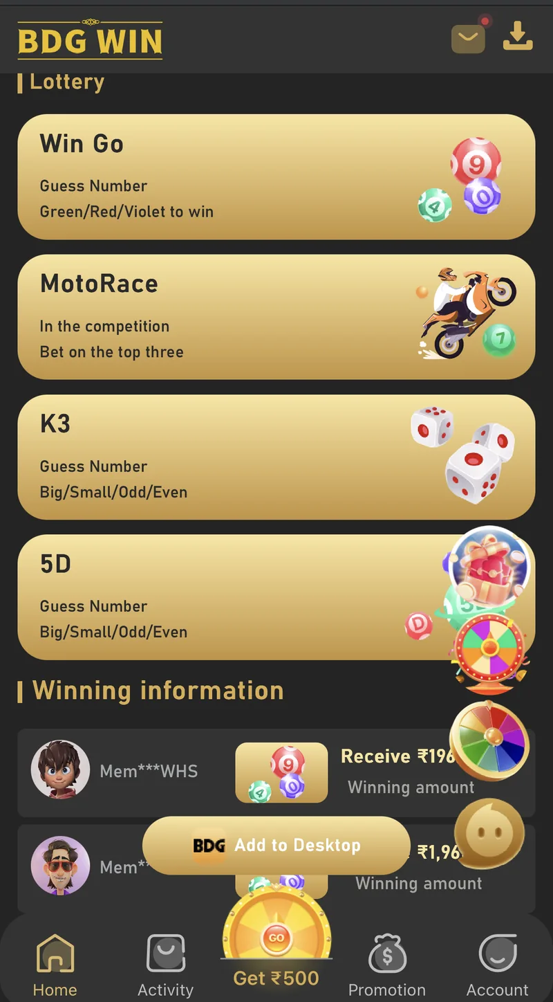 6 Club lottery category listing Win Go, MotoRace, K3 and 5D draw formats