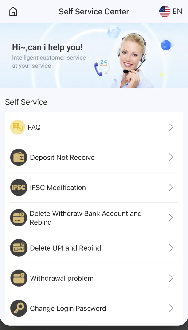 6 Club Self Service Center listing common self-help topics like deposit and withdrawal issues