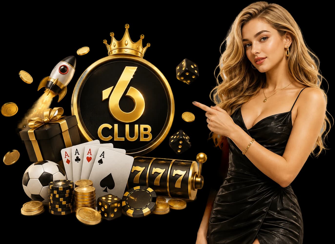 6 Club gold logo with casino chips, playing cards, dice and a VIP host