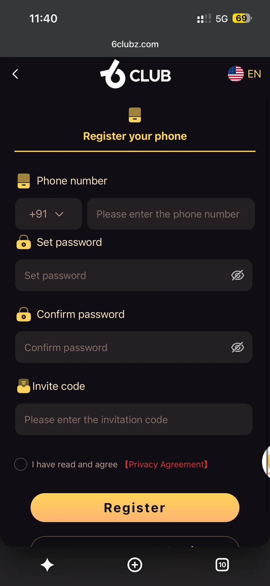 6 Club registration form asking for phone number, password and invite code