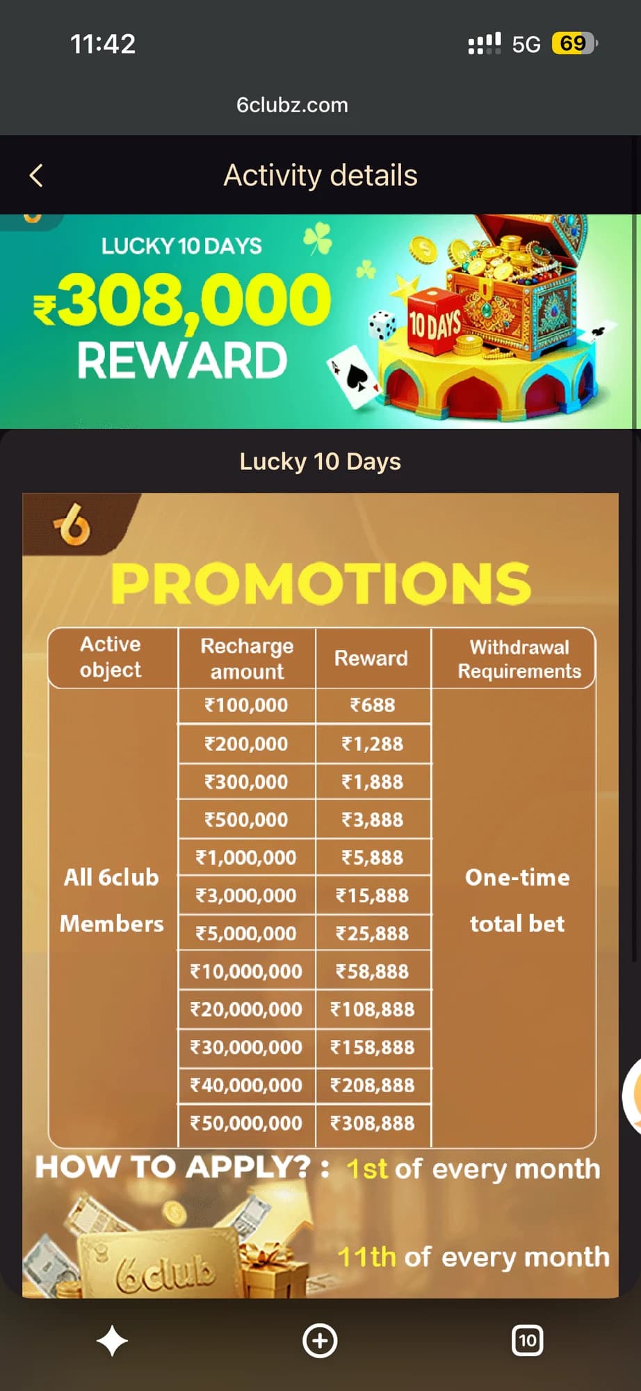 6 Club Streak Bonus paying an extra percentage after consecutive wins