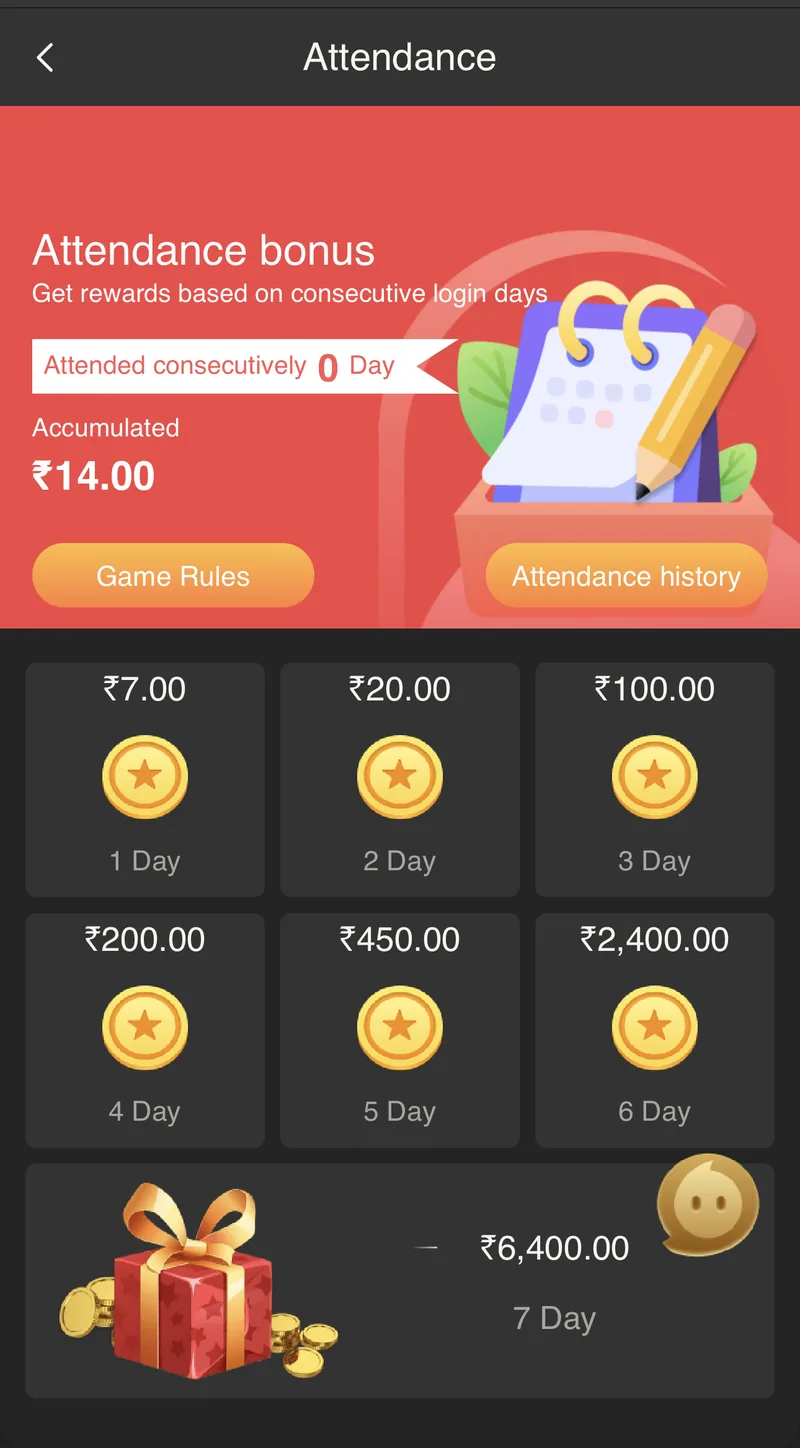 6 Club attendance bonus screen showing rewards by consecutive login day